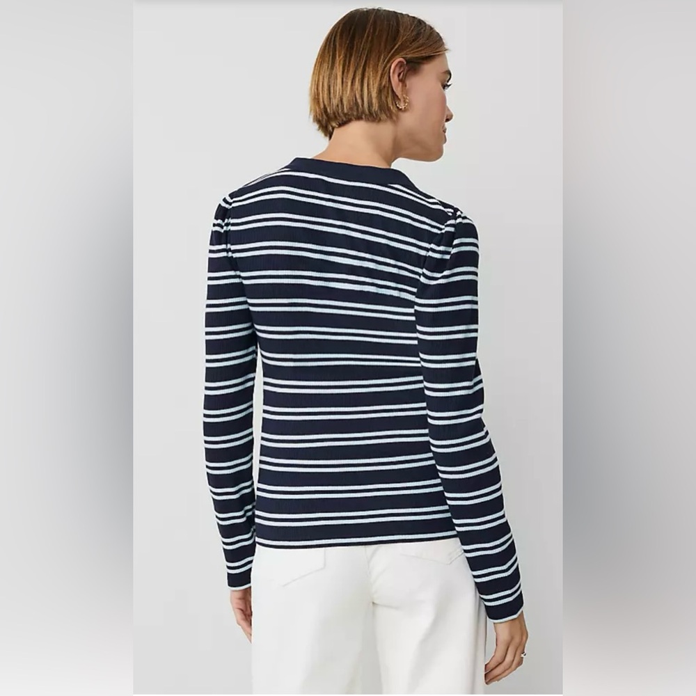 Ann Taylor Petite Weekend Collection Striped Puff Sleeve Top - Picture 3 of 4
